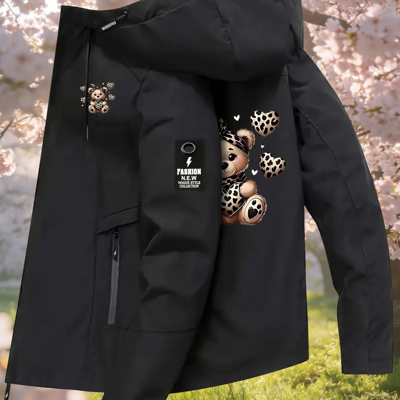 TEMU Women's Jacket With A Leopard Print Bear Pattern, Featuring Long Sleeves, Zip Pockets, And A Hooded Design, Suitable For Outdoor In