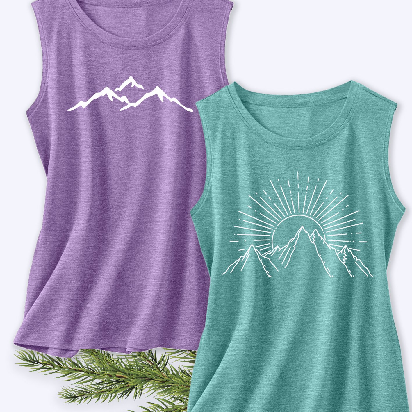 TEMU Two-pack Women's Tank Tops With Mountain Sunrise Print, Elegant Summer Party Apparel, Sleeveless Vests, Essential Summer Fashion Item For Women,