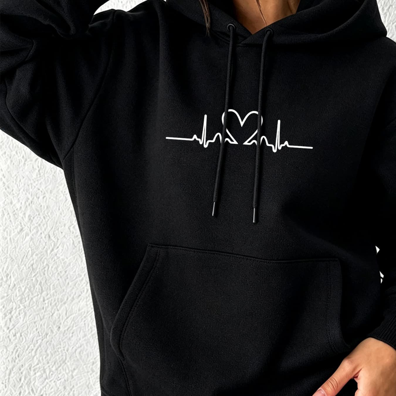 Image of Autumn Winter New Hoodie For Women Loose Fit Casual Sweatshirt With Ecg Line Heart Print Drawstring Front Pocket Ribbed Cuffs Hem Warm Comfortable Fashion Streetwear