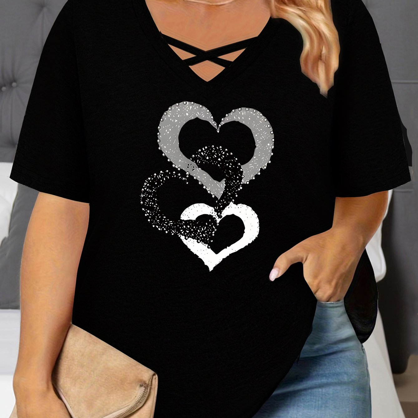 TEMU T-shirt Grande Taille pour Femme, Col en V et Manches Courtes 1XL-8XL, Haut Décontracté avec Imprimé Géométrique Double Cœur, Pull Coupe