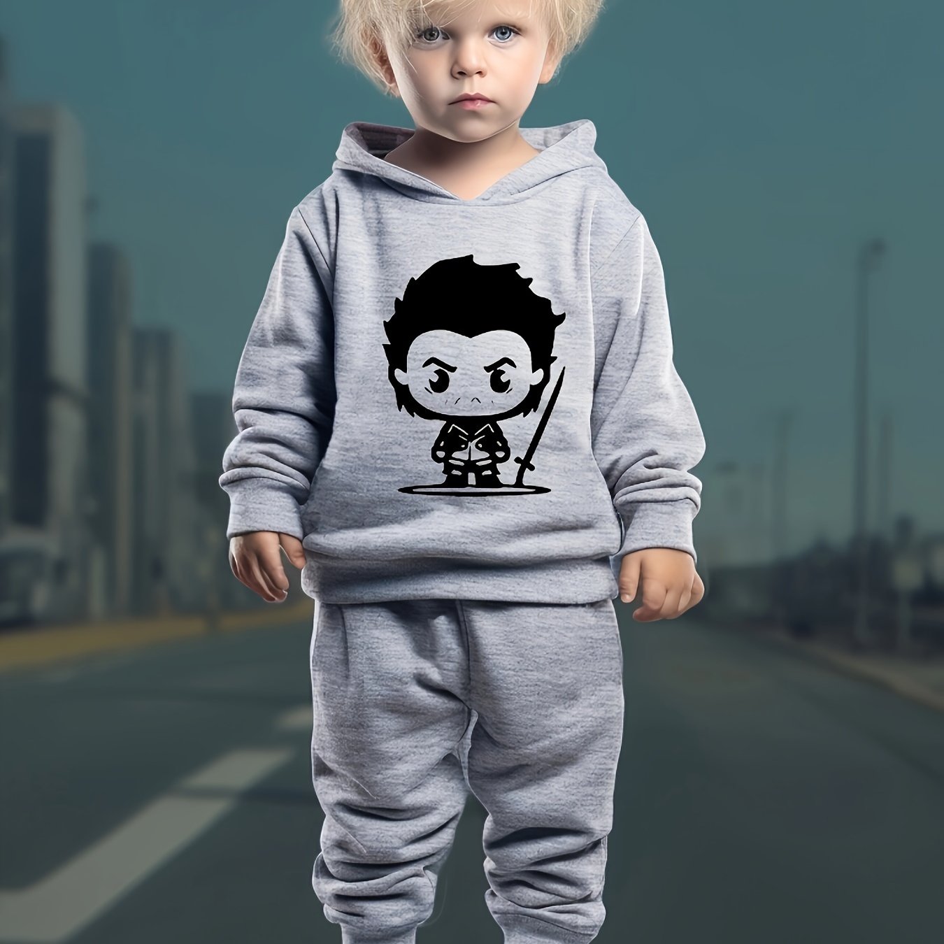 Cartoon Knight Print Hooded Outfit Boys Hoodie Comfy Pants Temu