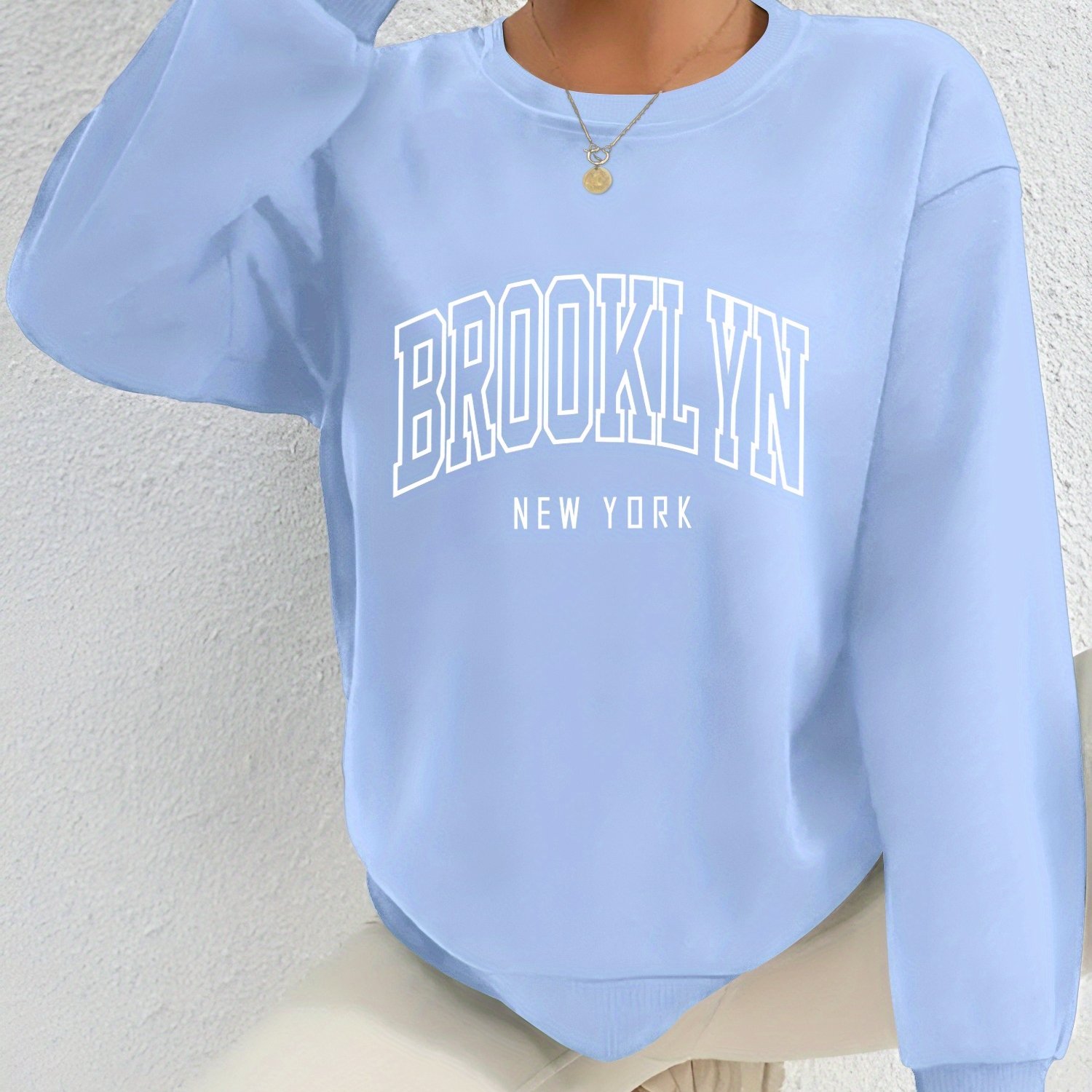 TEMU English Letters C5 Printed Pattern Women's Sweater, Autumn And Winter Casual Printed Round Neck Long Sleeve Loose Design Long Cover Round Neck