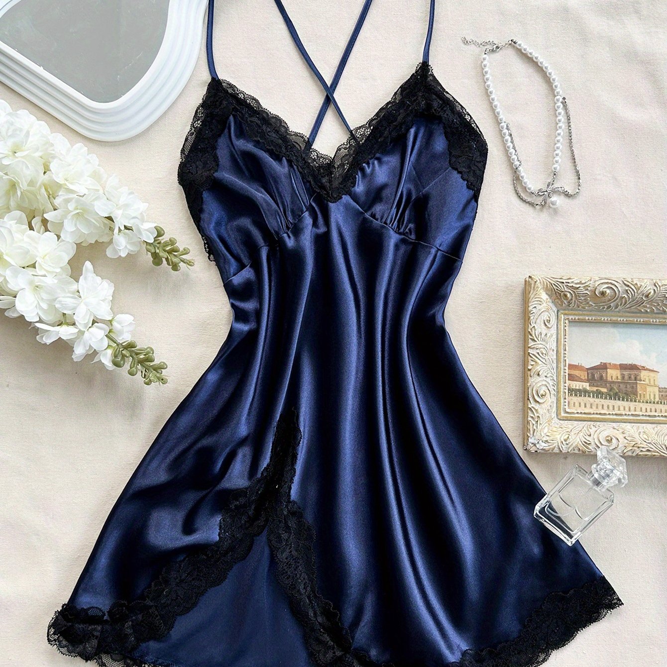 E-shop Ganzjahresmode Einfarbiges Cami Kleid Damen Spitzen Patchwork