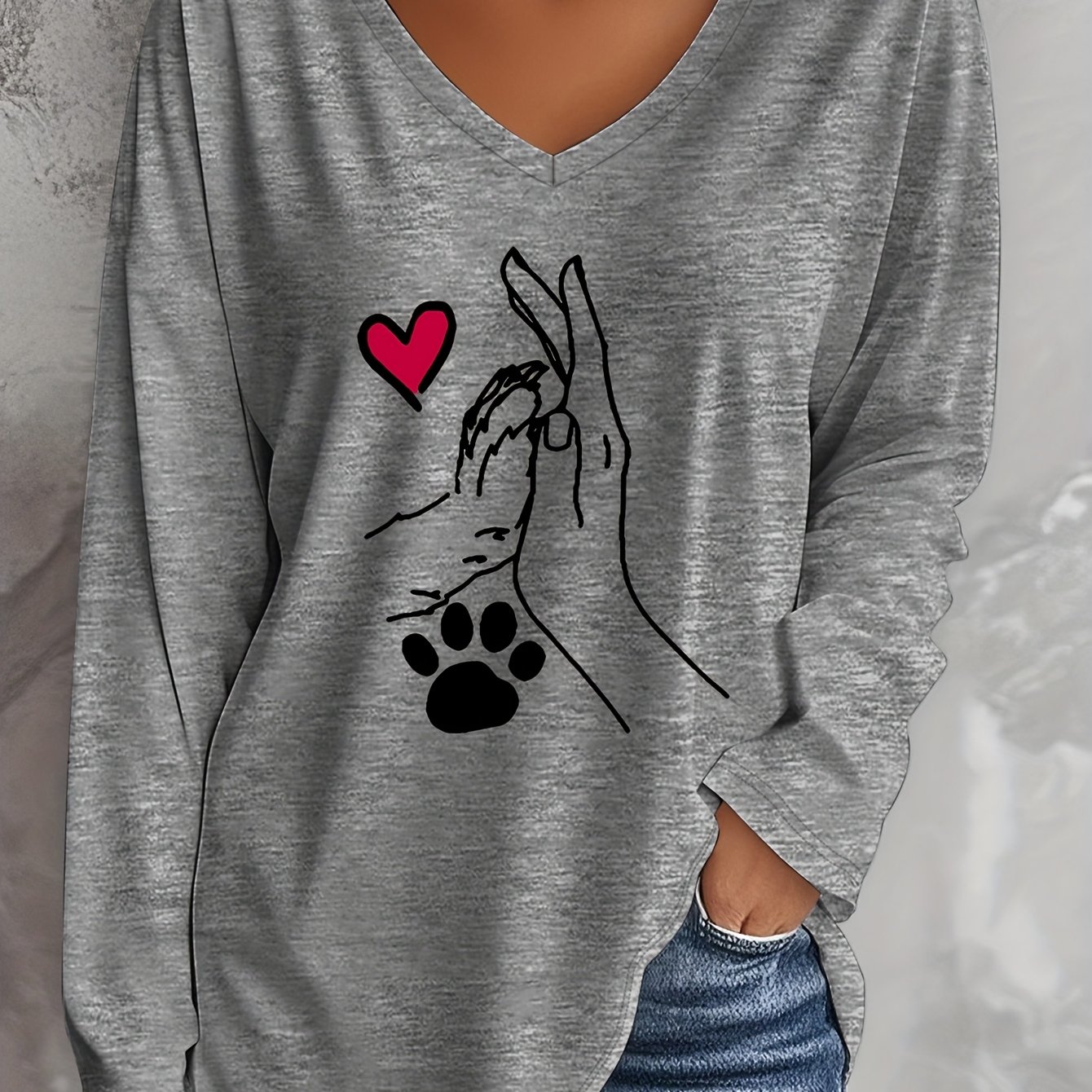 TEMU Plus Size, /summer -size Women's Casual V-neck Long Sleeve T-shirt With " With Dog" Print, Rayon/polyester Blend - Soft, , Machine Washable,