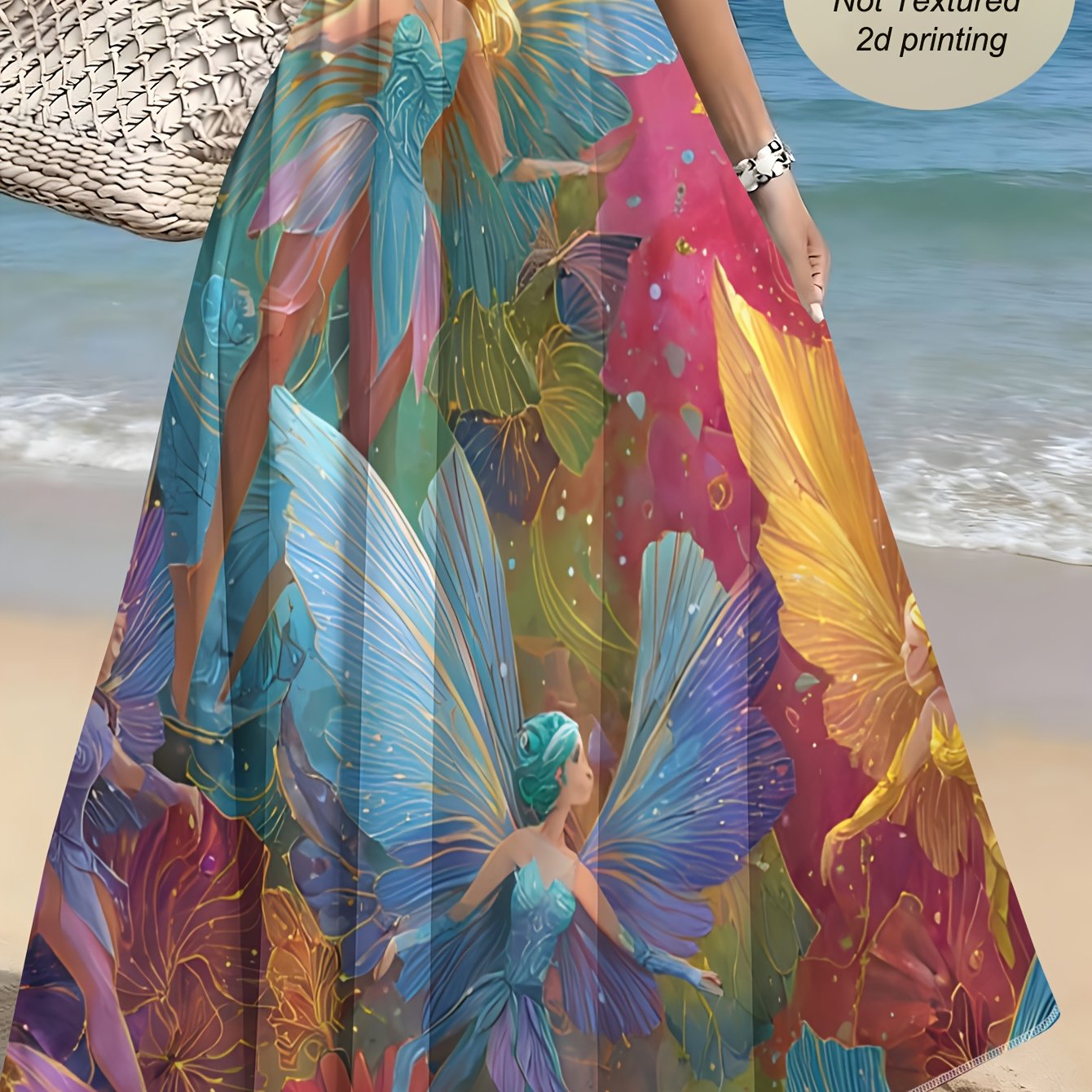 TEMU Women's Colorful Winged Fairy Printed Skirt, Lightly Fluttering In A Sea Of Flowers, Versatile Summer A-line Casual Maxi Skirt For Beach Style