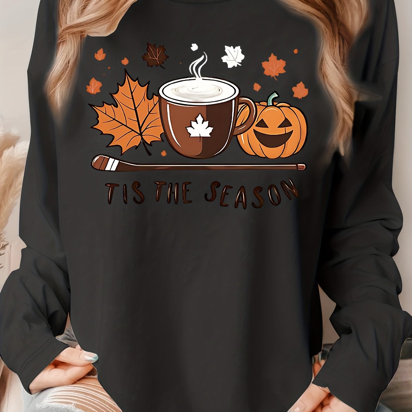 TEMU Women's Oversized Fall Winter T-shirt - Maple Leaf & Coffee Pumpkin Print Long Sleeve Blouse With "" Slogan, Plus Size 1xl-5xl (beige/) - Casual