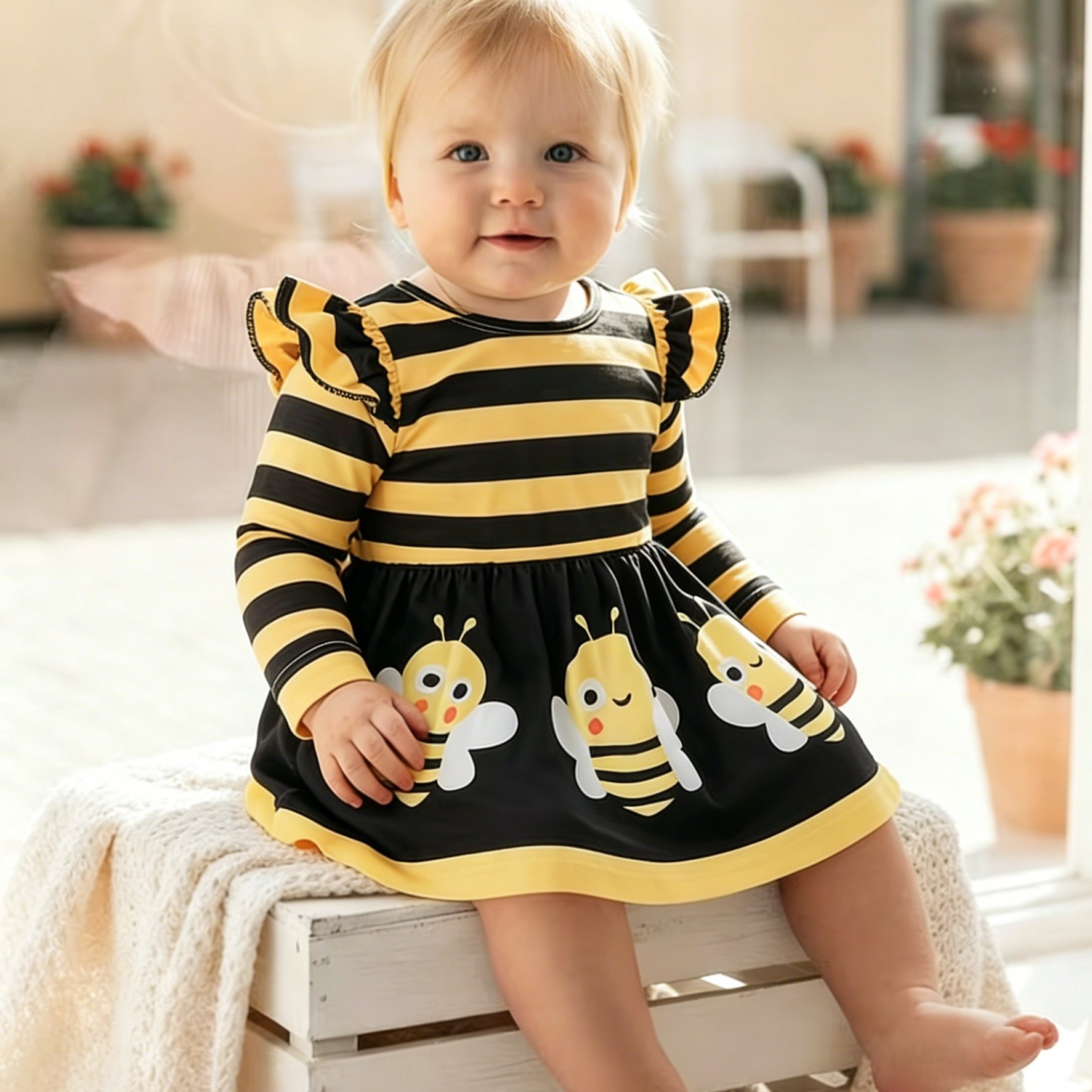 Image of Baby Girl Dress, Girls' Clothing, Newborn Skirt With Ruffle Sleeves, Cute Bee Pattern, Comfortable Kids' Dress, Fashion Skirt, Casual, Sweet & Elegant Girl's Dress Apparel