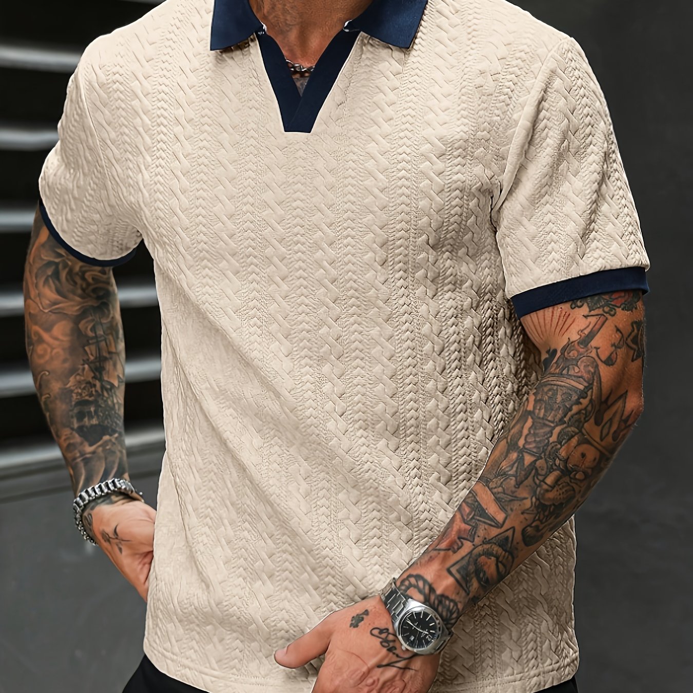 TEMU Men's Casual Textured Neckline Short-sleeved Shirt, Summer College-style Patterned Shirt, Men's Knitted Shirt, Everyday Casual Wear, Weekend
