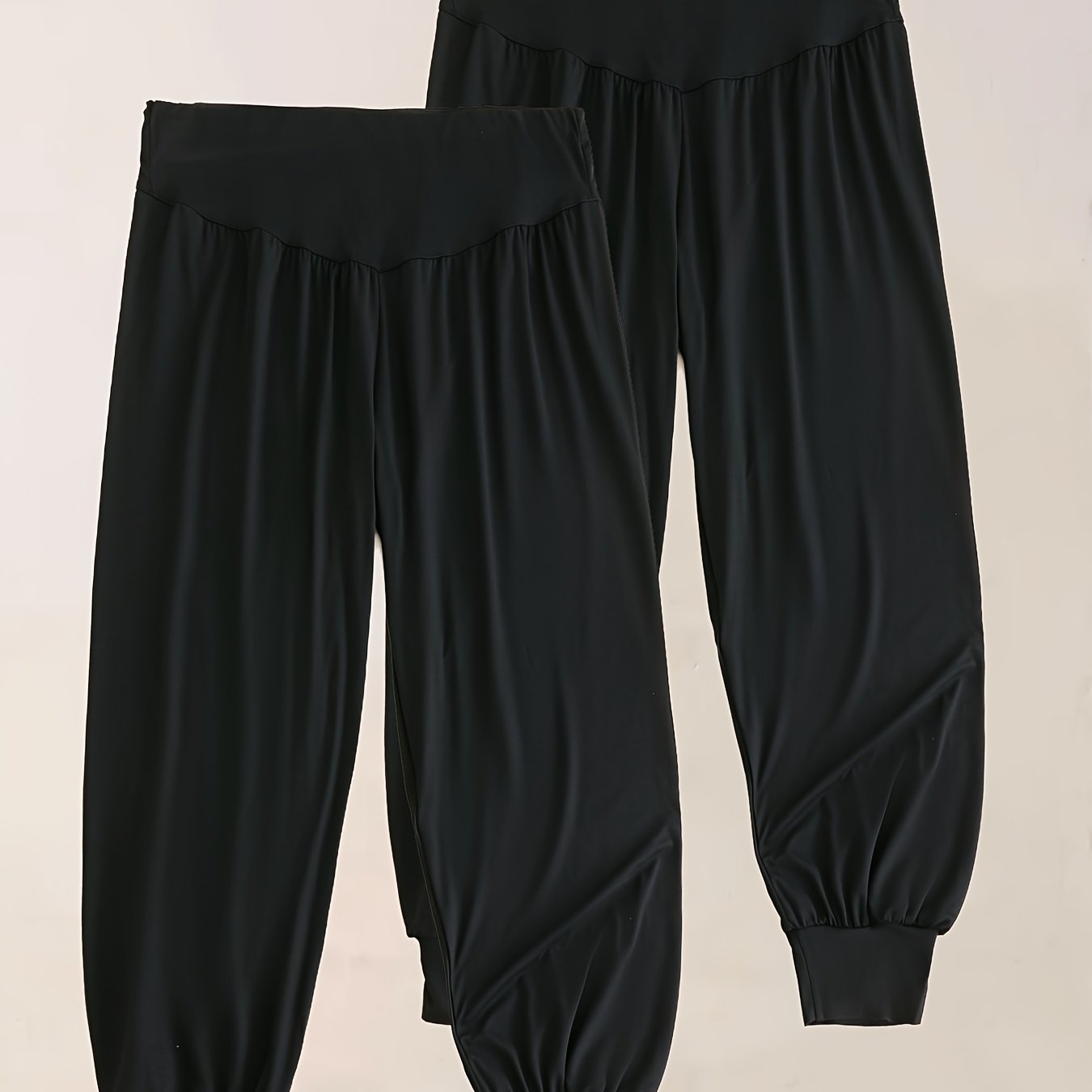2pcs Set Women's Harem Pants - Casual Stretch, Ruched Waist, , Suitable For Casual Wear, Trousers | Flowy Fashion Pants | Shiny Fabric Trousers