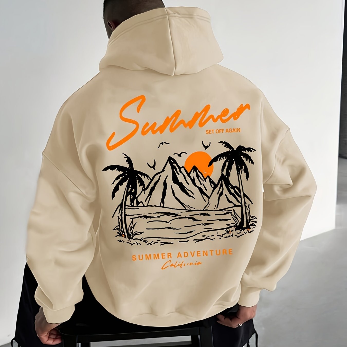 TEMU Men's Autumn/winter Coconut Tree Sunset Print -lined Hooded Sweatshirt, Trendy Versatile Loose Fit Hoodie