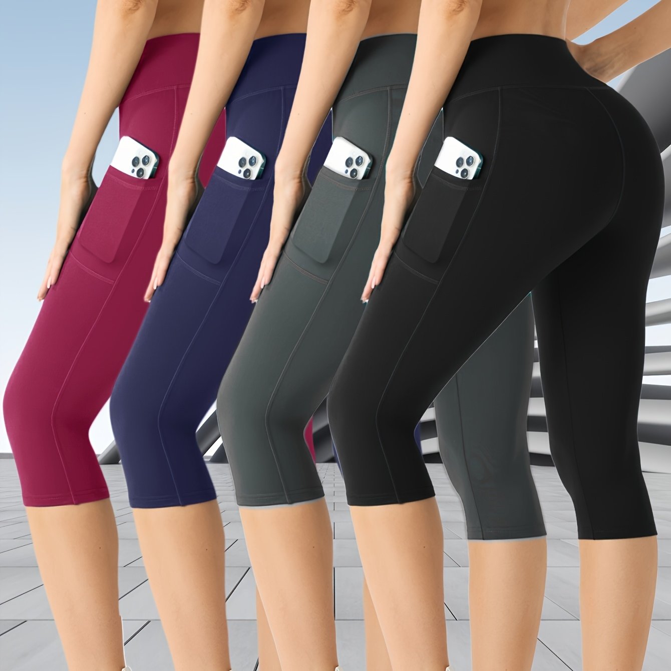 4pcs Women's High-elastic Full Coverage Capri Leggings - Non-sheer Workout Pants Suitable For Yoga, Running, Gym, Athletic Capris With Elastic Waistband, Machine Washable Summer Activewear (no Loop)
