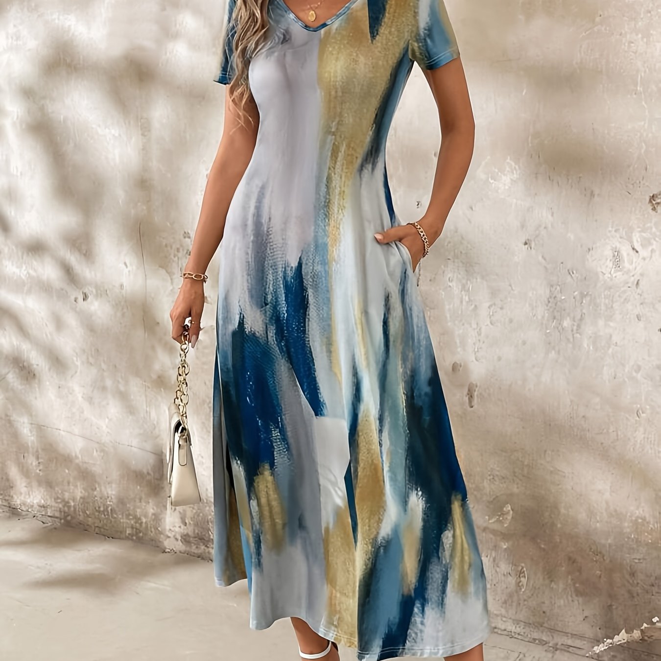 Image of Ladies' Summer Casual V-neck Short Sleeved A-line Skirt - Irregular Gradient Print, Elastic - Machine Washable, Suitable For Summer Wear At Music Festivals, Beach Vacations, And Daily Gatherings