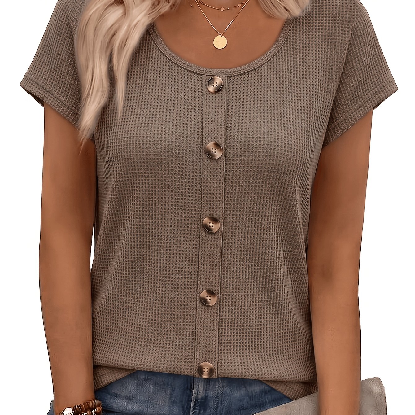 TEMU Women's Button-up Short-sleeve T-shirt - Elegant Loose-fit Round Neck Blouse-compatible Basic Shirt, Solid Color Button Collar Button-front Tee,