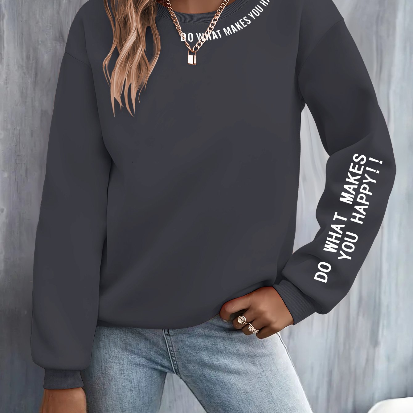 Do Happy Slogan Printed Casual Women's Fashion Hoodie, Suitable For Spring, Autumn And Winter, New Women's Casual Versatile Retro Round-neck Hoodie, Women's Clothing, Sizes S-xxl