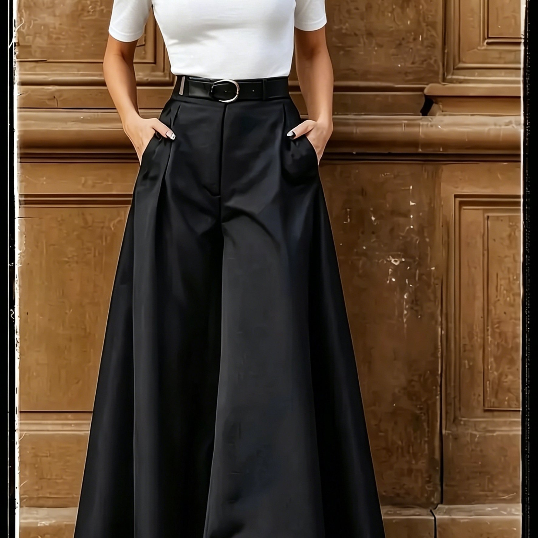 Image of Plus Size - Plus Size - Women's Elegant Wide-leg Pants - Fashionable , Non-stretch Solid Color Fabric, Machine Washable, Suitable For Casual And Professional Wear, , Formal Attire, Smooth Texture