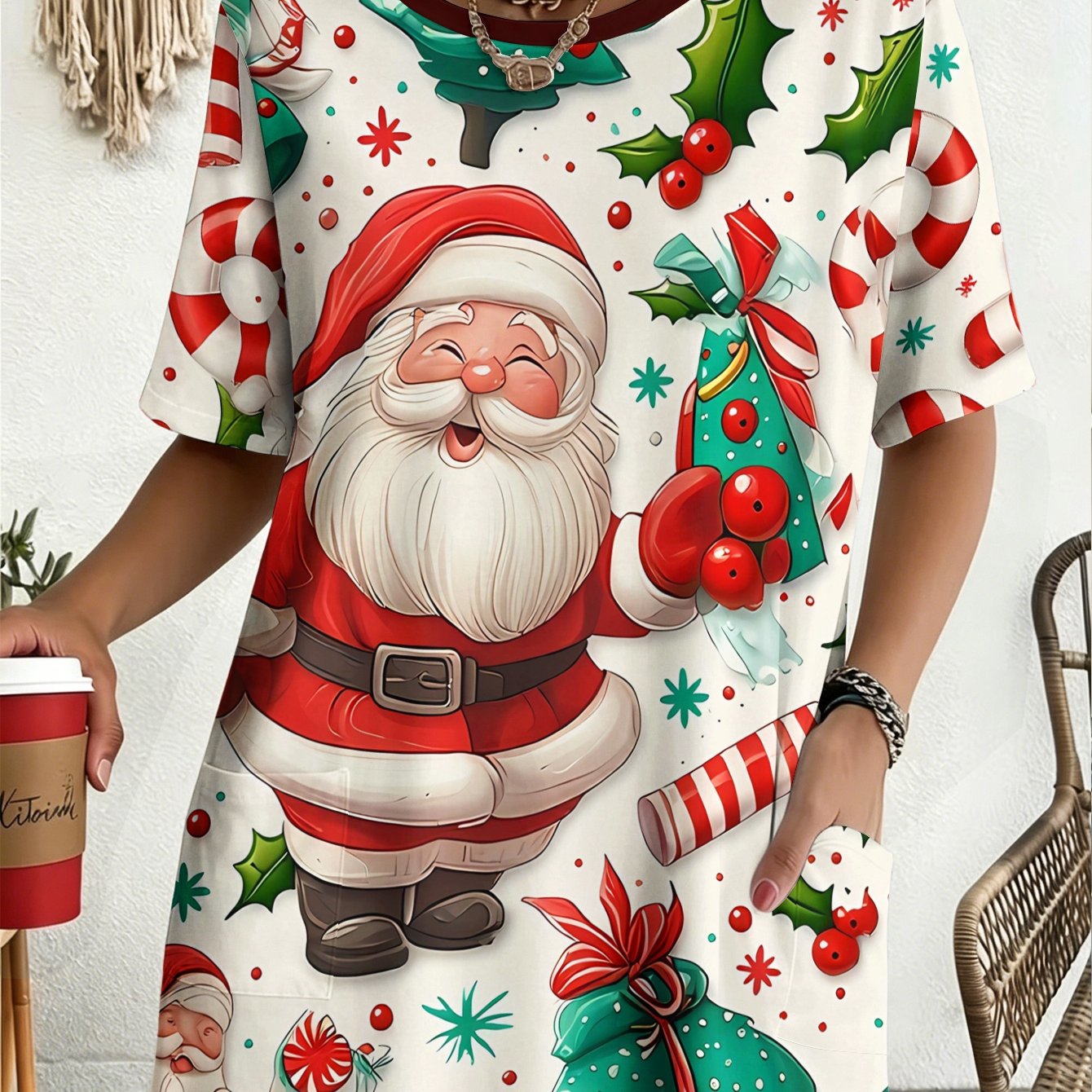 TEMU Plus Size Women's Casual Sports T-shirt With - Christmas Elements Featuring Santa Claus, Summer Versatile Casual Wear, Comfortable And