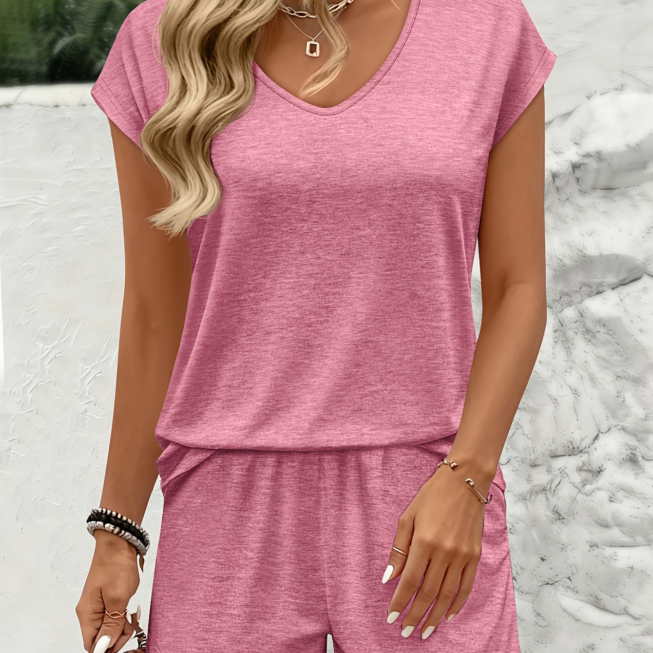 TEMU Women 2pcs Matching Set, V Neck Cap Sleeve Top & Elastic Waist Shorts, Casual Lounge 2pcs Outfit