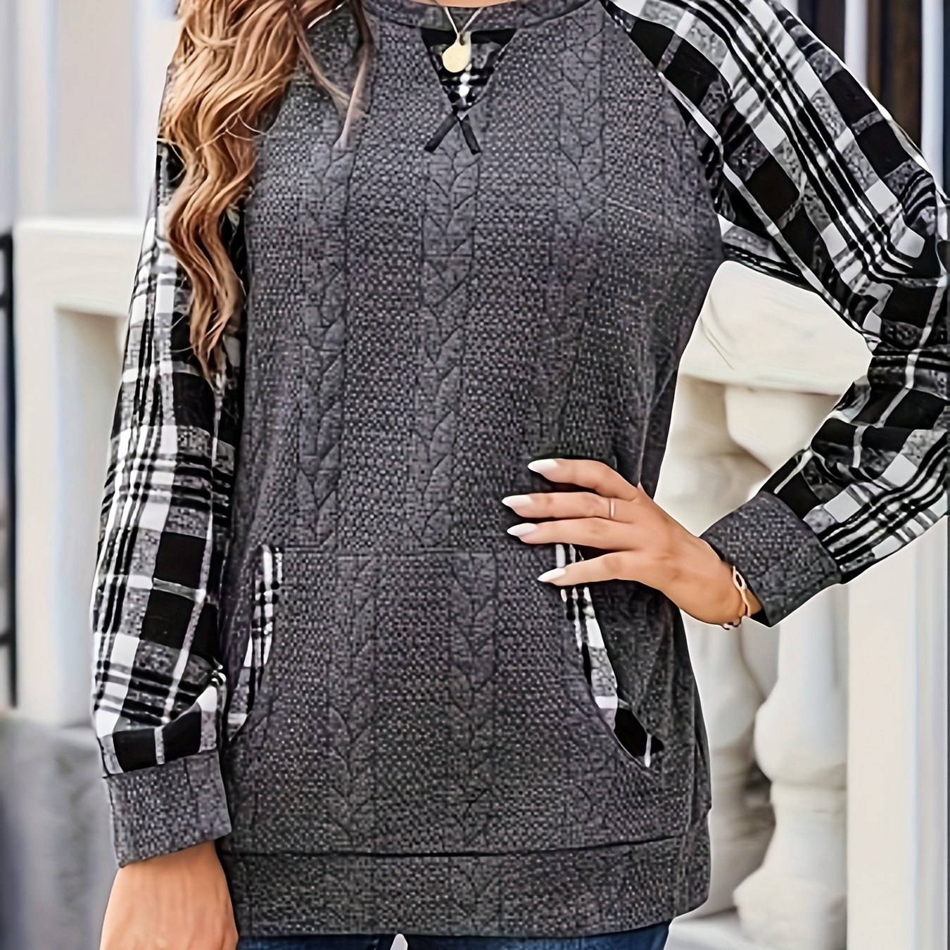 Women's Designer Pullover Sweatshirt, Casual Color Block, Elegant Hoodie With Pockets, Long Sleeve Gray Autumn Winter Style