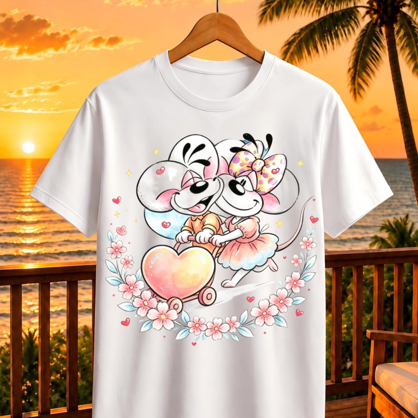 Unisex Pastel Mouse Couple T-shirt - Cute Mouse Cart With Pink Flowers & Sparkles, Round Neck Casual Tee Suitable For , Machine Washable Gift For Casual Attire Or Themed Events