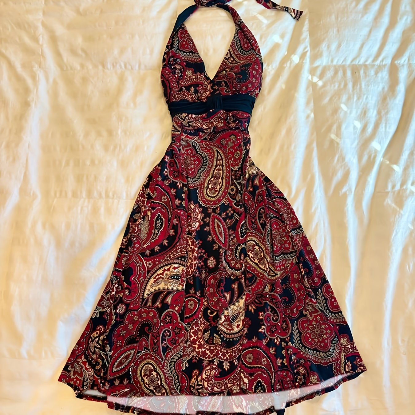 Y2K Paisley Print Halter Obleka - Oprijeta Visokopasna A-Linija Maxi & Gleženj Dolga Obleka z Odprtim Hrbtom, Primerna za Poroke, Zabave, -
