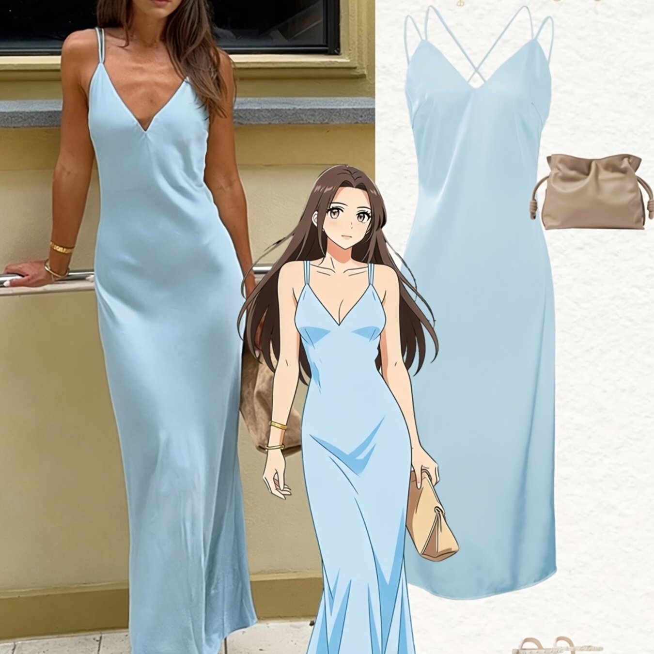 Image of Women's Summer New Clothing, Spaghetti Strap Waist- Dress, Satin Slim-fit Long Dress, Elegant Party, Suitable For Vacation, Prom, Going Out, Gathering, Dinner, Party, Social Events