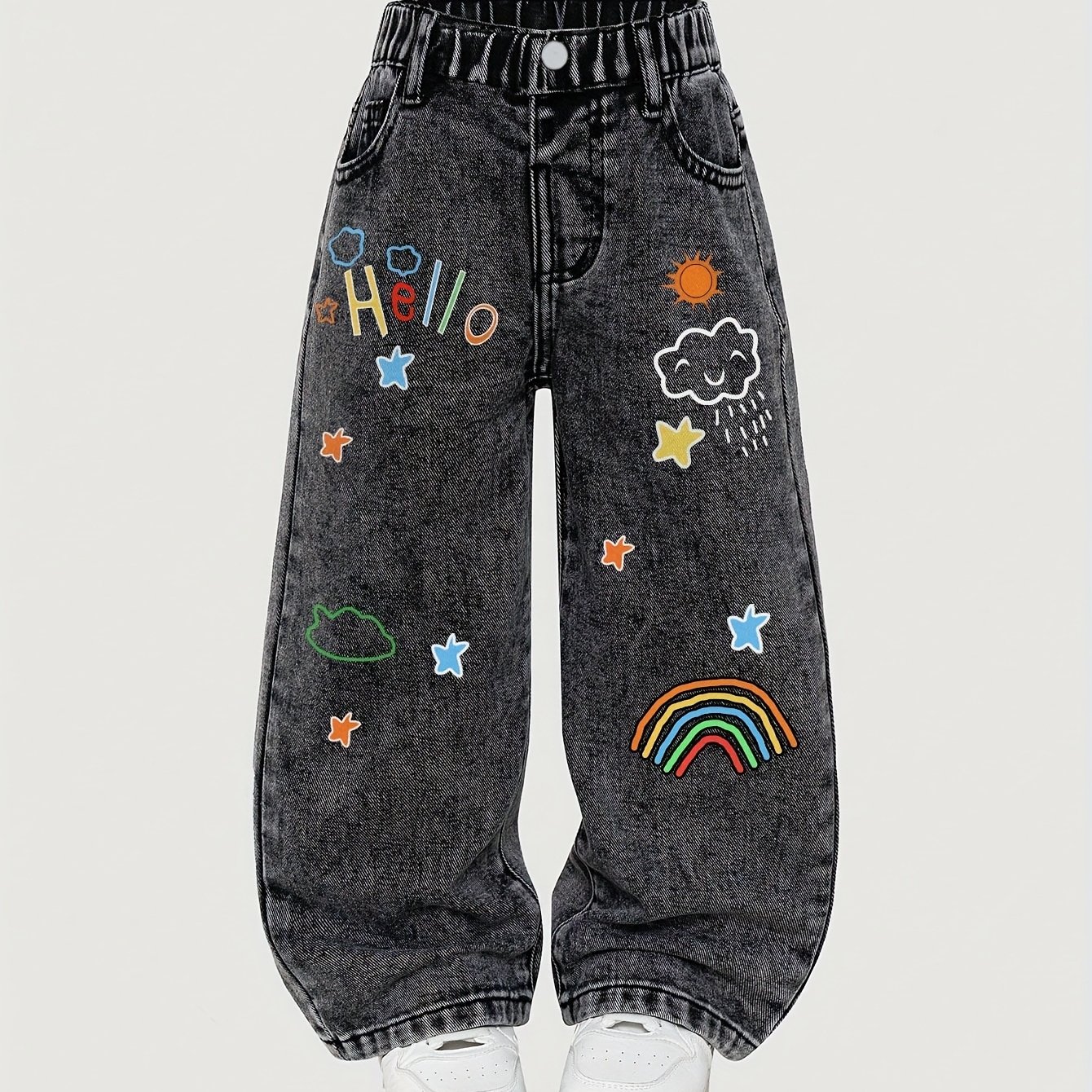 Image of Girls' New Gray Black Distressed Denim | Rainbow Graffiti Pattern | Black Gray Gradient | Fashionable Easy Style | Essential For Daily Trendy Outfits