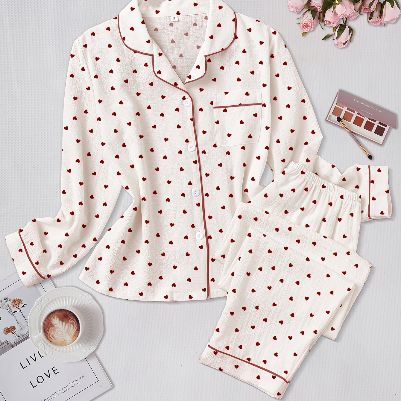 Bubble Wrinkle Heart Print Long Sleeve Long Pants Autumn And Winter Pajama Set