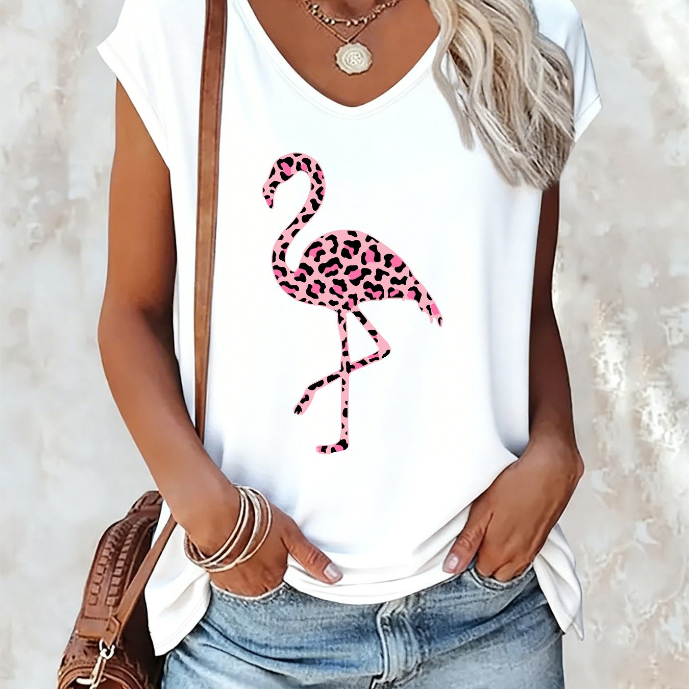 TEMU (067#) V-neck Summer Sleeveless Tank Top, Sleeveless V-neck Flamingo Print T-shirt, Casual And Stylish Versatile Summer Top