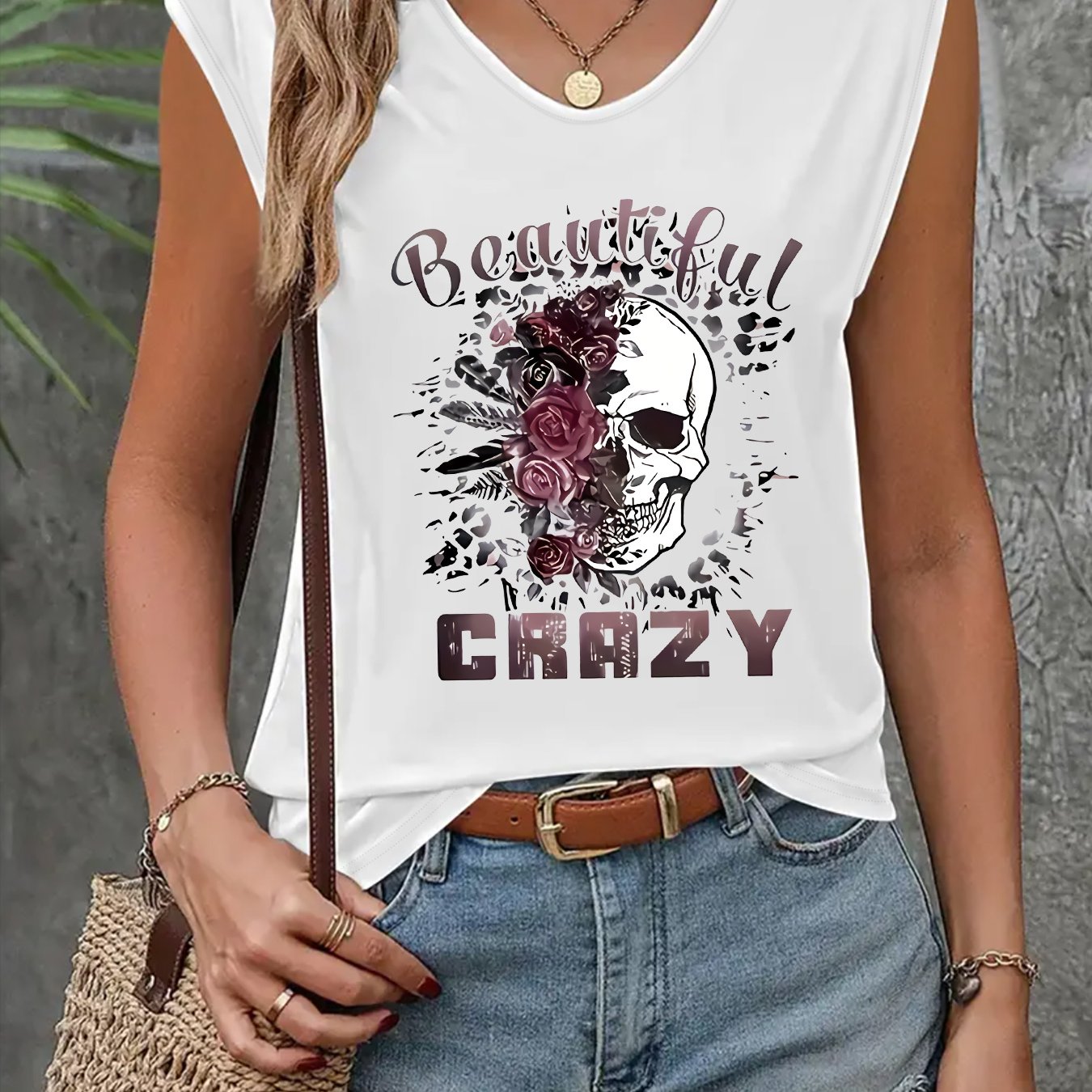 TEMU V-neck Sleeveless Top With Skull & Rose Gothic Print - Casual Summer Blouse, Medium--washable Round Neckable Shirt Suitable For Summer Outfits &