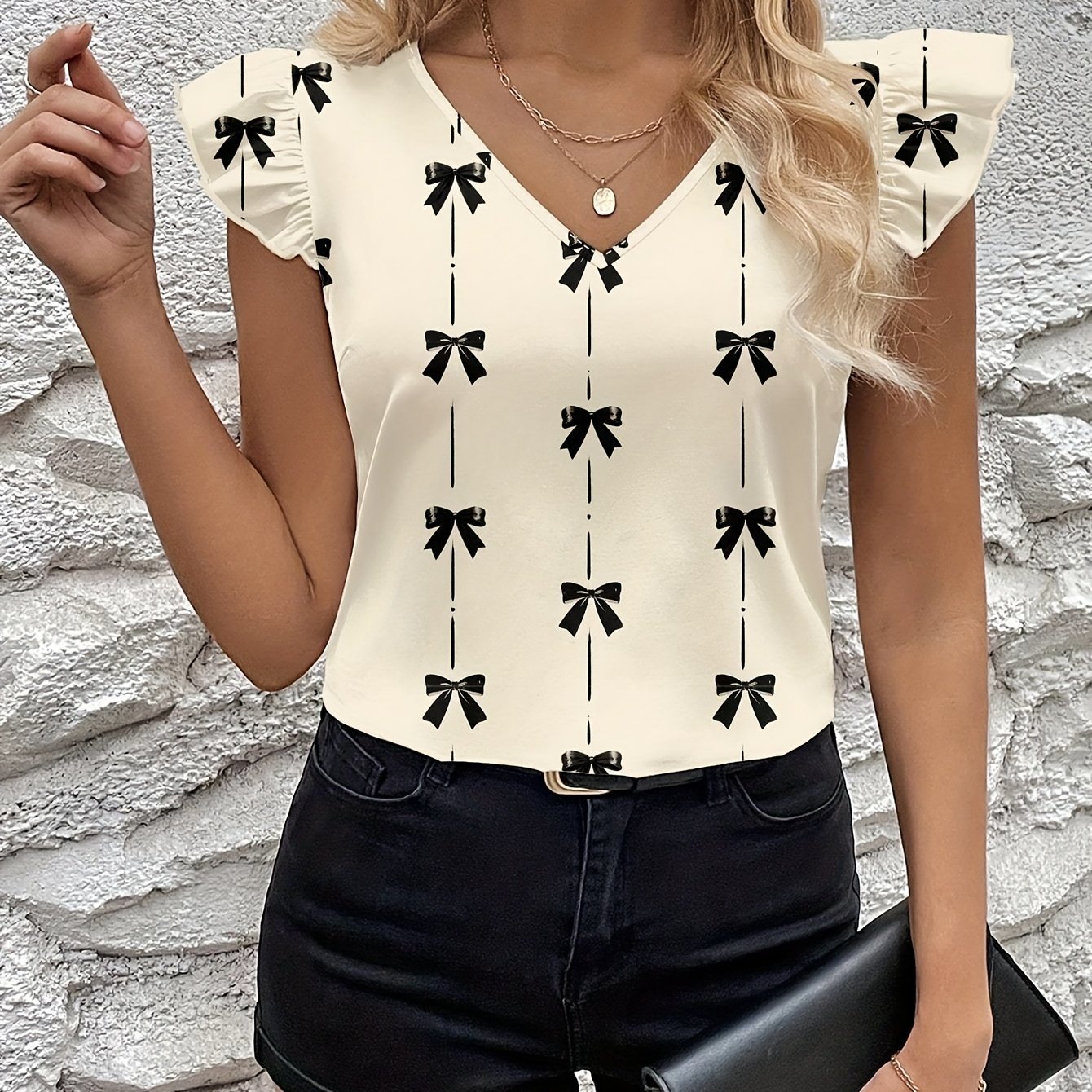 TEMU Women's Bow Print Flutter Sleeve Blouse Short-sleeve Top