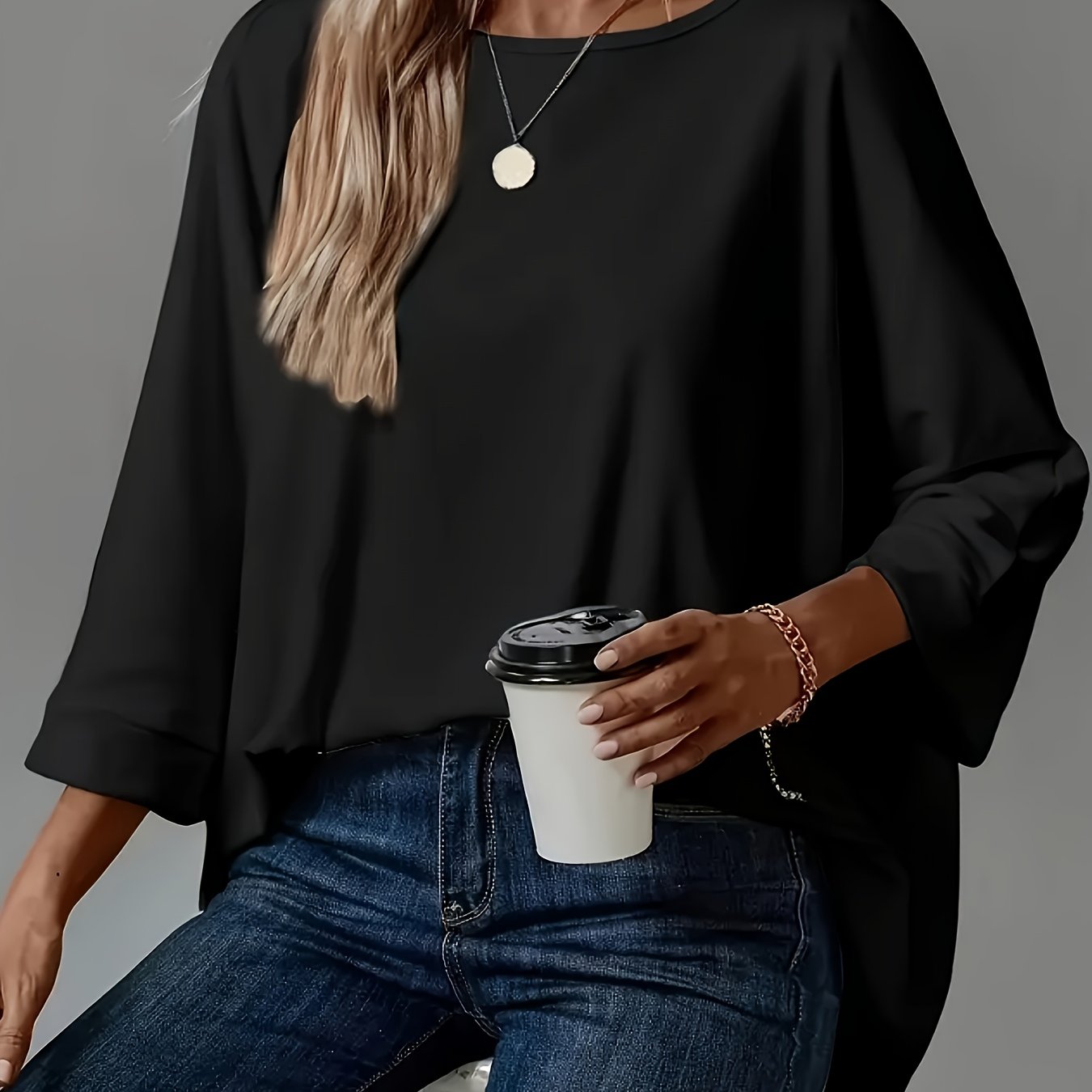 Plus Size, Solid Color Plus Size Batwing Sleeve Loose Top For Women, Round Neck Long Sleeve Fashionable And Elegant Shirt
