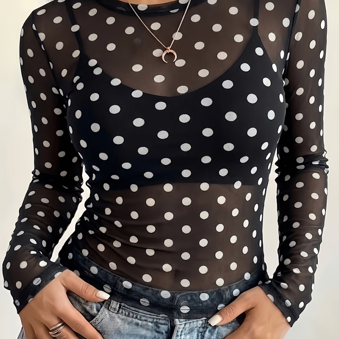 TEMU Plus Size, Women's Semi-sheer Polka Dot Mesh T-shirt - See-through Nightclub Top With Round Neck & Long Sleeve Suitable For Clubwear, Parties,