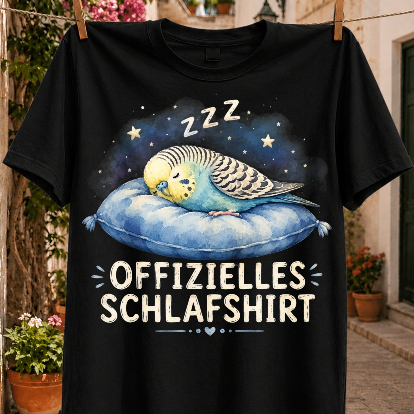 Image of Spring Budgerigar On Blue Cushion Zzz Stars And German Official Sleep Shirt Graphic Tee Unisex All T-shirt