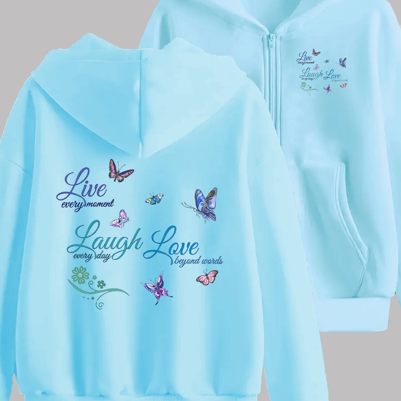 TEMU Surrounding Live Laugh Love Printed Design Front And Back 2 Patterns - Y2k Zippered Hoodie - Fashionable And Comfortable Jacket - Casual