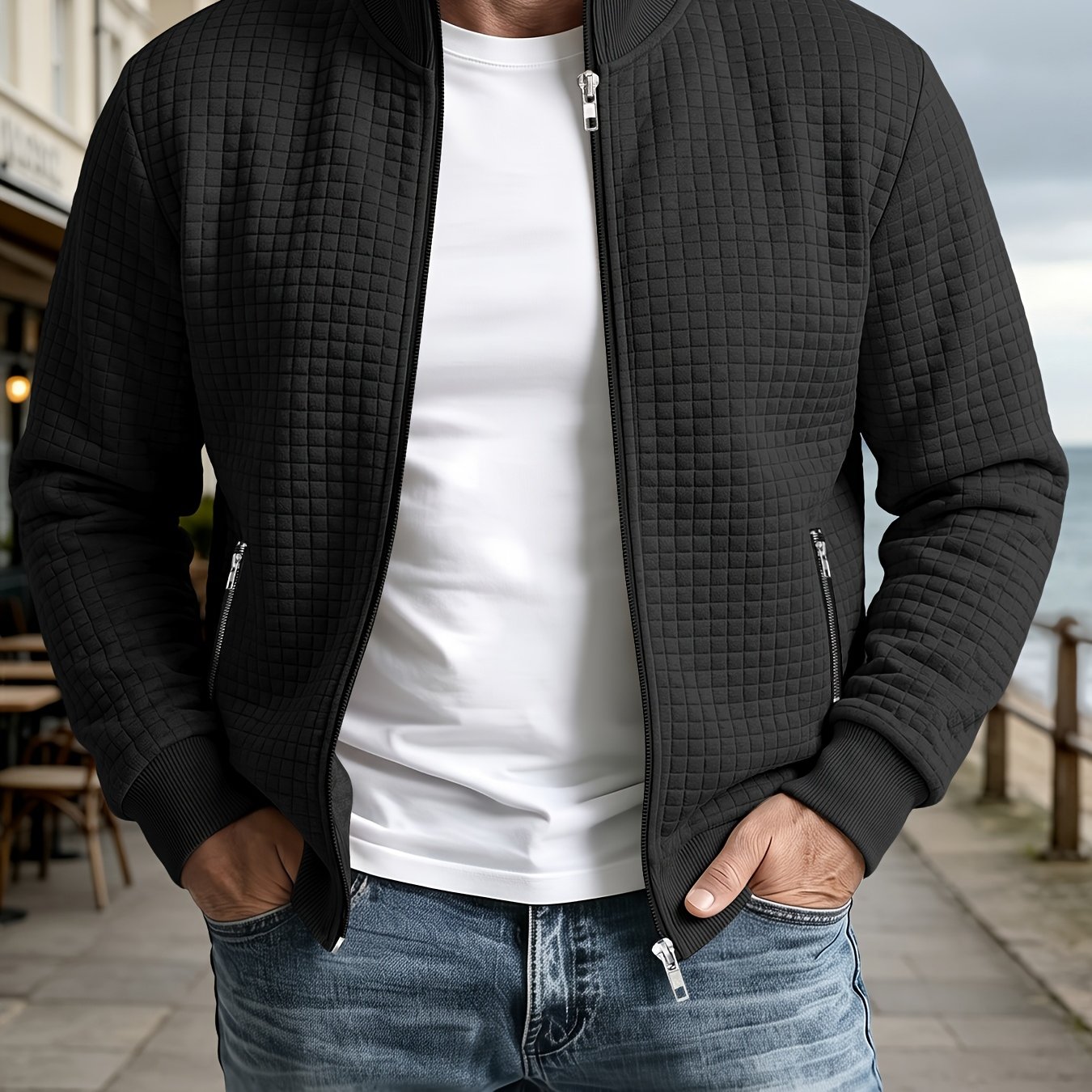 TEMU Autumn/winter Men's Jacquard Long-sleeve Cardigan Jacket, Featuring A Stylish Plaid Jacquard Weave With Comfortable Fabric. Suitable For Daily ,