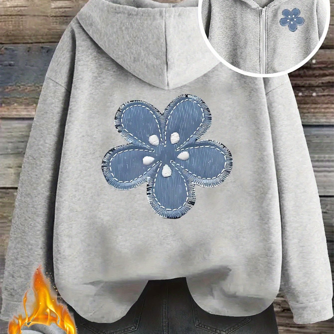 TEMU Blue Fabric Flowers Women's Casual Sports Hoodie, Zipper Jacket Design, Front And Back Printing
