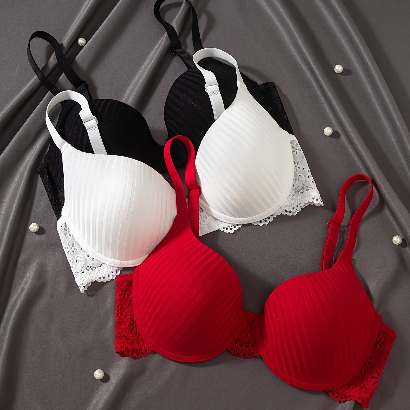 3pcs Women's Lace Push-up Underwire Bra For Bust Lifting