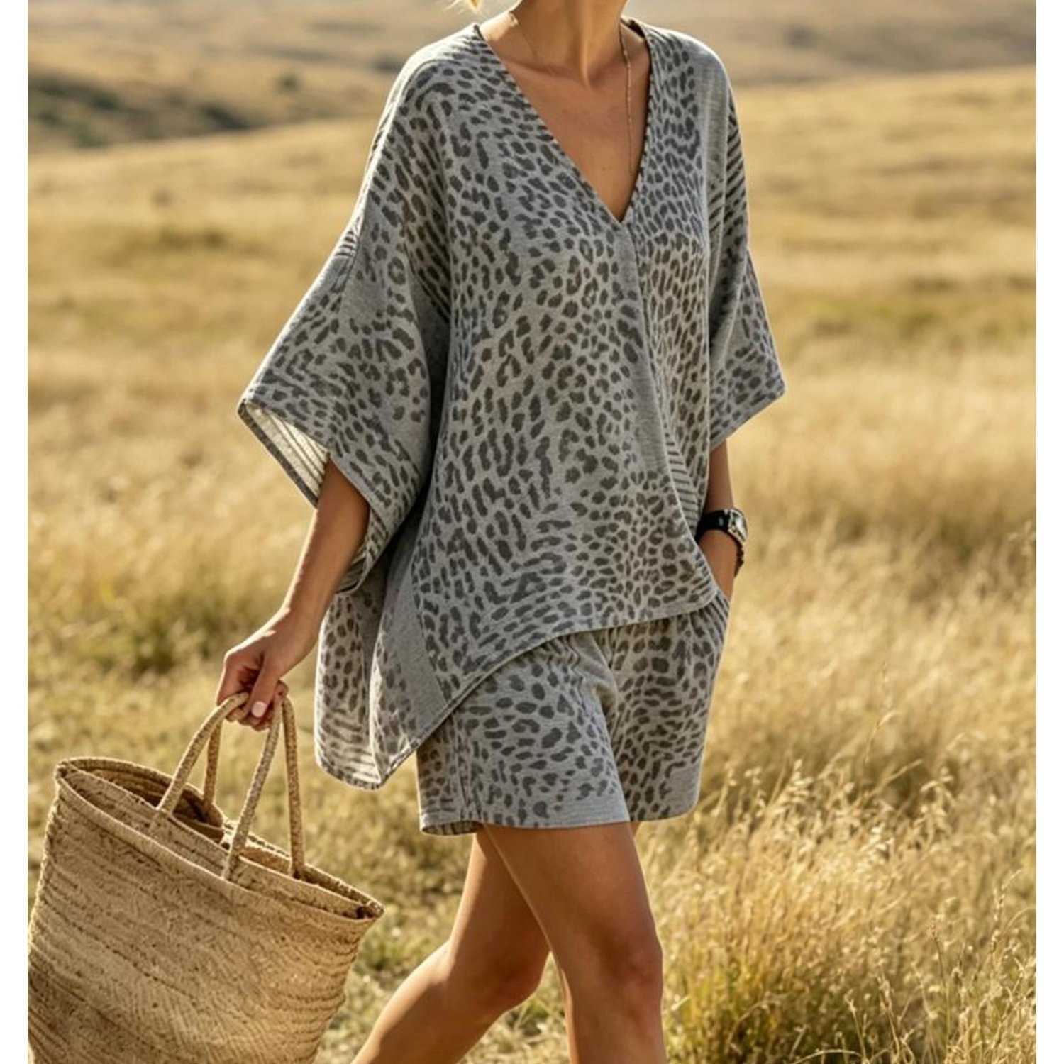 Plus Size, Plus Size French Lazy New Greek V-neck Leopard Outfit Women's Top And Shorts Women's Top Shorts Fun Leopard Design Multicolor Casual Parties Travel Vacations Beach Holidays Summer New