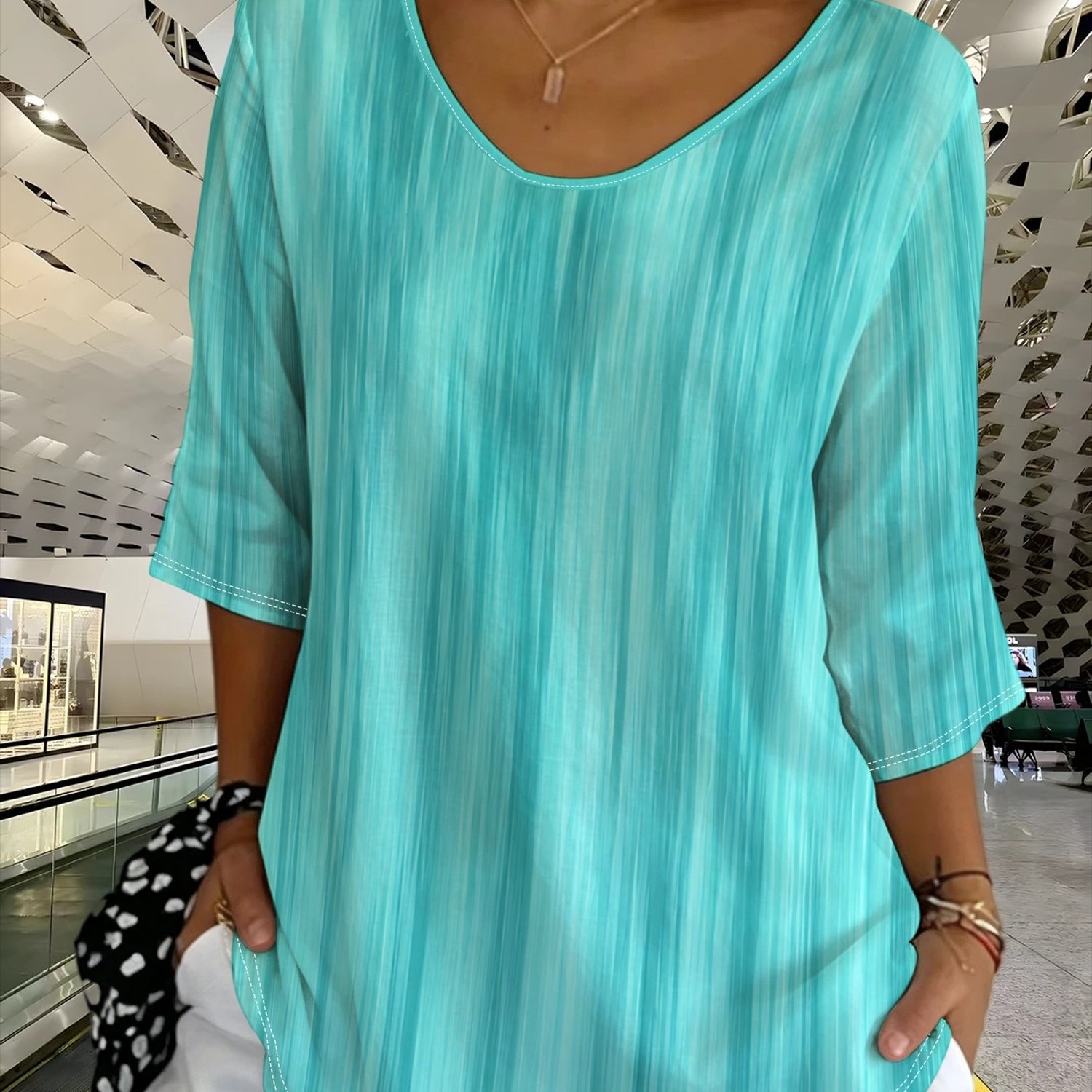 TEMU Plus Size Top, Gradient Striped Abstract Print Blouse, Spring/autumn Casual Commute Wear
