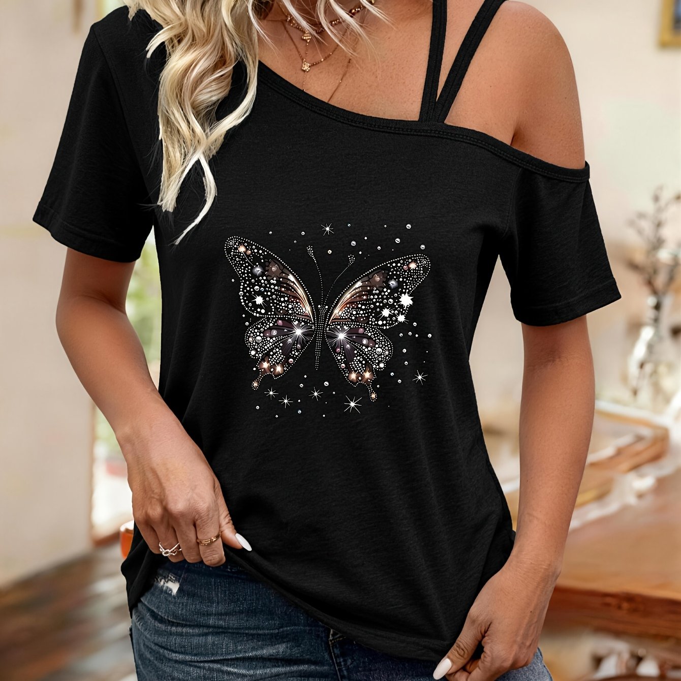 TEMU A Stunning Design With Y2k Style , With Starlight And Gemstones. A Fashionable And Versatile Off-shoulder T-shirt For Women, Perfect For Spring
