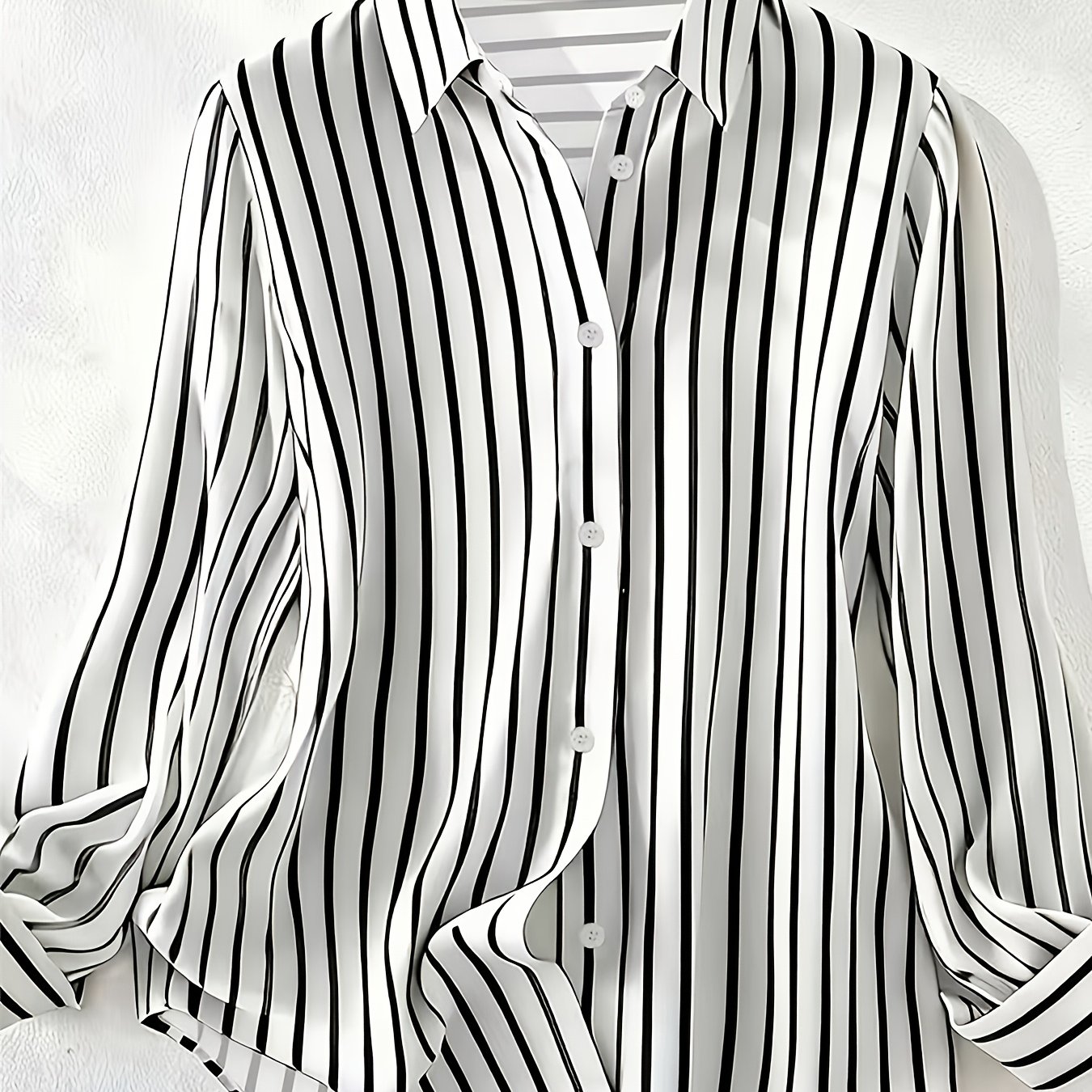 TEMU Spring/autumn New Elegant Striped Long-sleeve Women's Shirt, Single-breasted Button-front Blouse, Machine Washable, Suitable For Office,