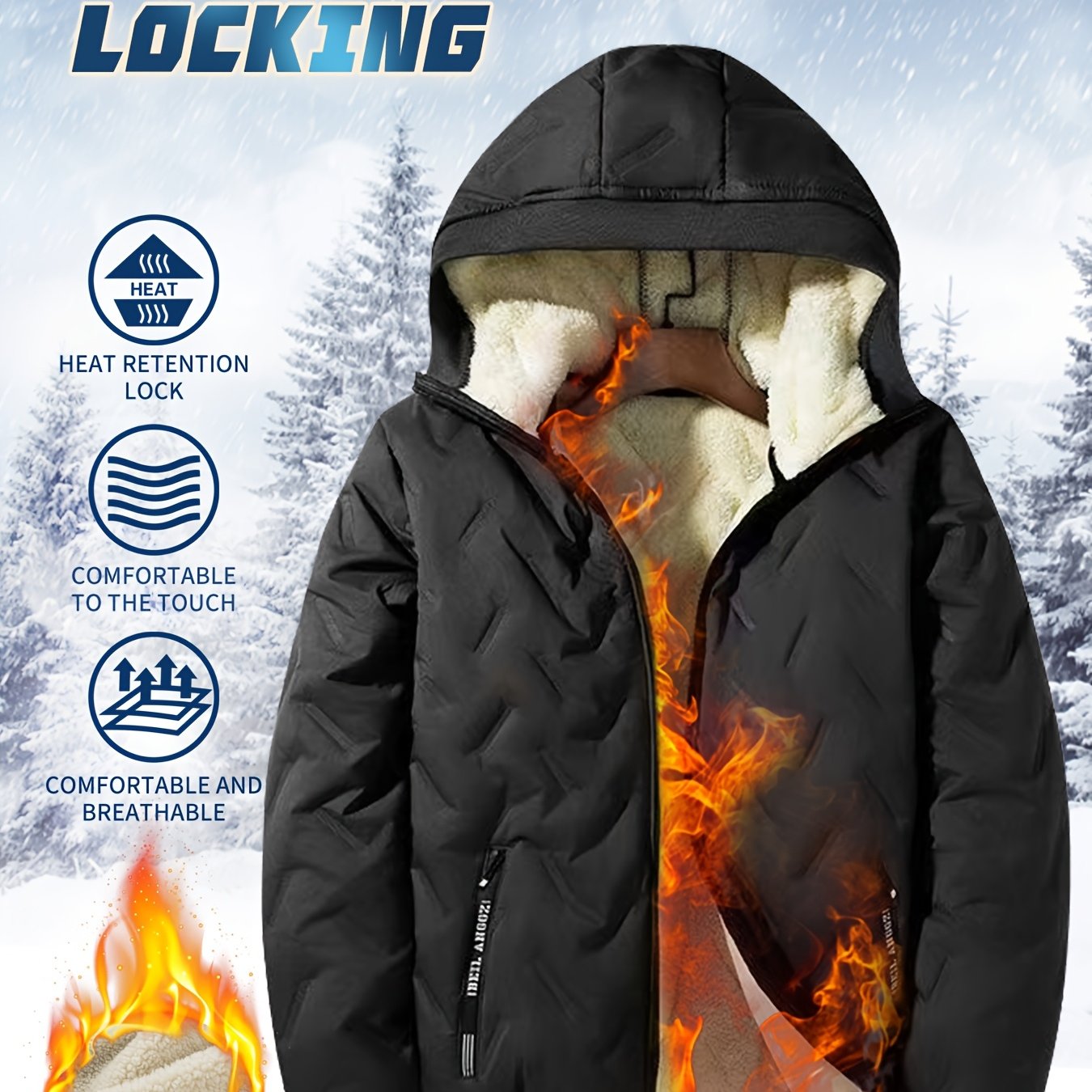 TEMU Men's Warm Fleece-lined Hooded Jacket - Fashionable Winter Outerwear With Zippered Pockets, Dark Blue Quilted Design, Machine Washable, For Cold