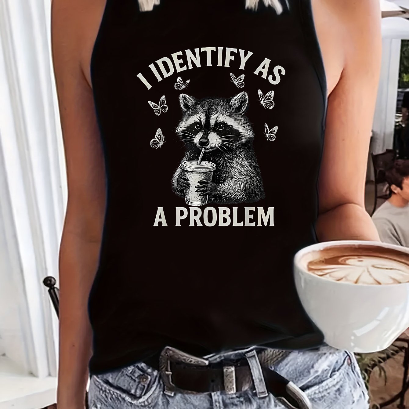 TEMU A "iidentifyasaproblem" Raccoon Print Round Neck Tank Top, Breathable For Summer, Trendy Streetwear For Women