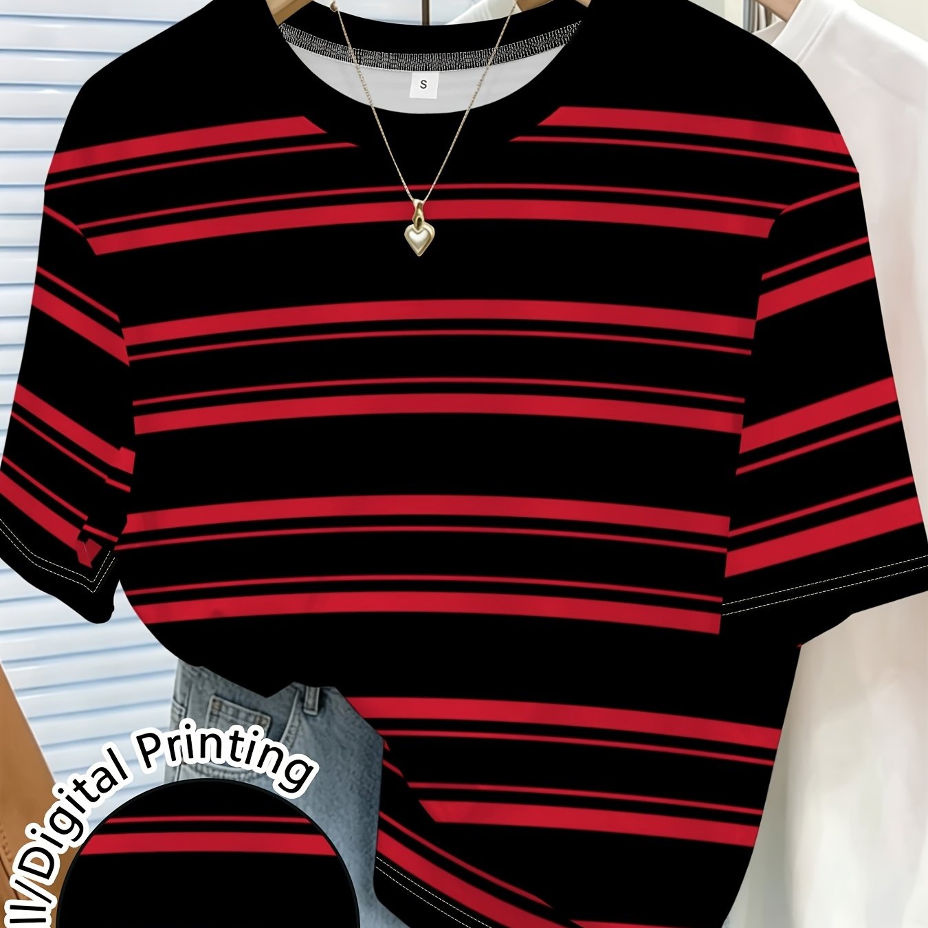 TEMU Printed Design â Not Textured Red And Black Striped Women's Printed Round Neck Short Sleeve T-shirt