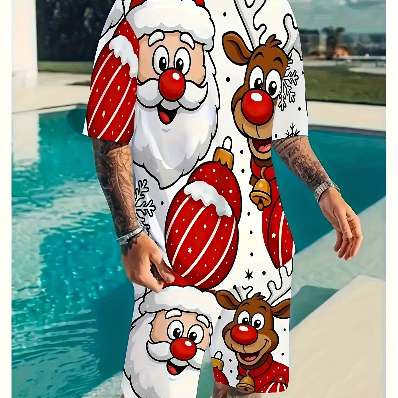 TEMU Men's Creative Casual Set With Christmas Reindeer And Snowman Print Short Sleeve T-shirt+ Drawstring Shorts, Plus Size