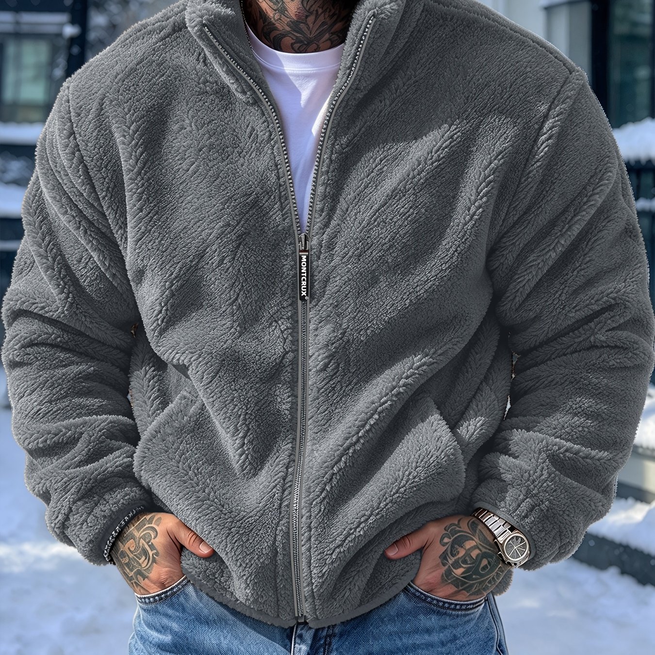 TEMU Men's Autumn Winter Warm Fleece Thick Fleece Jacket, Zipper Front, Stand Collar Warm Loose Pockets Casual Jacket, Cold Weather Warm Casual Top,