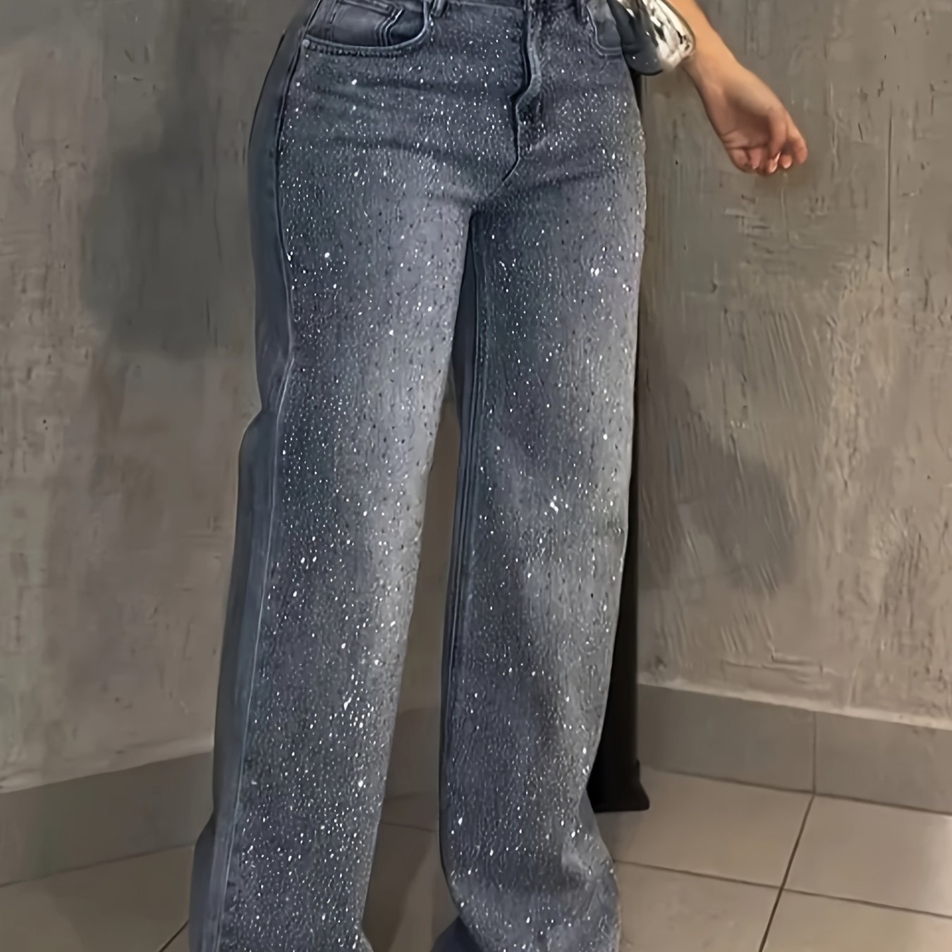 New Plus-size Women's Denim Pants, Rhinestone-embellished, Stylish And Elegant Straight-leg Stretch Jeans, Unique And Versatile Style, Easy And Easy To Match, 2026 New Arrival