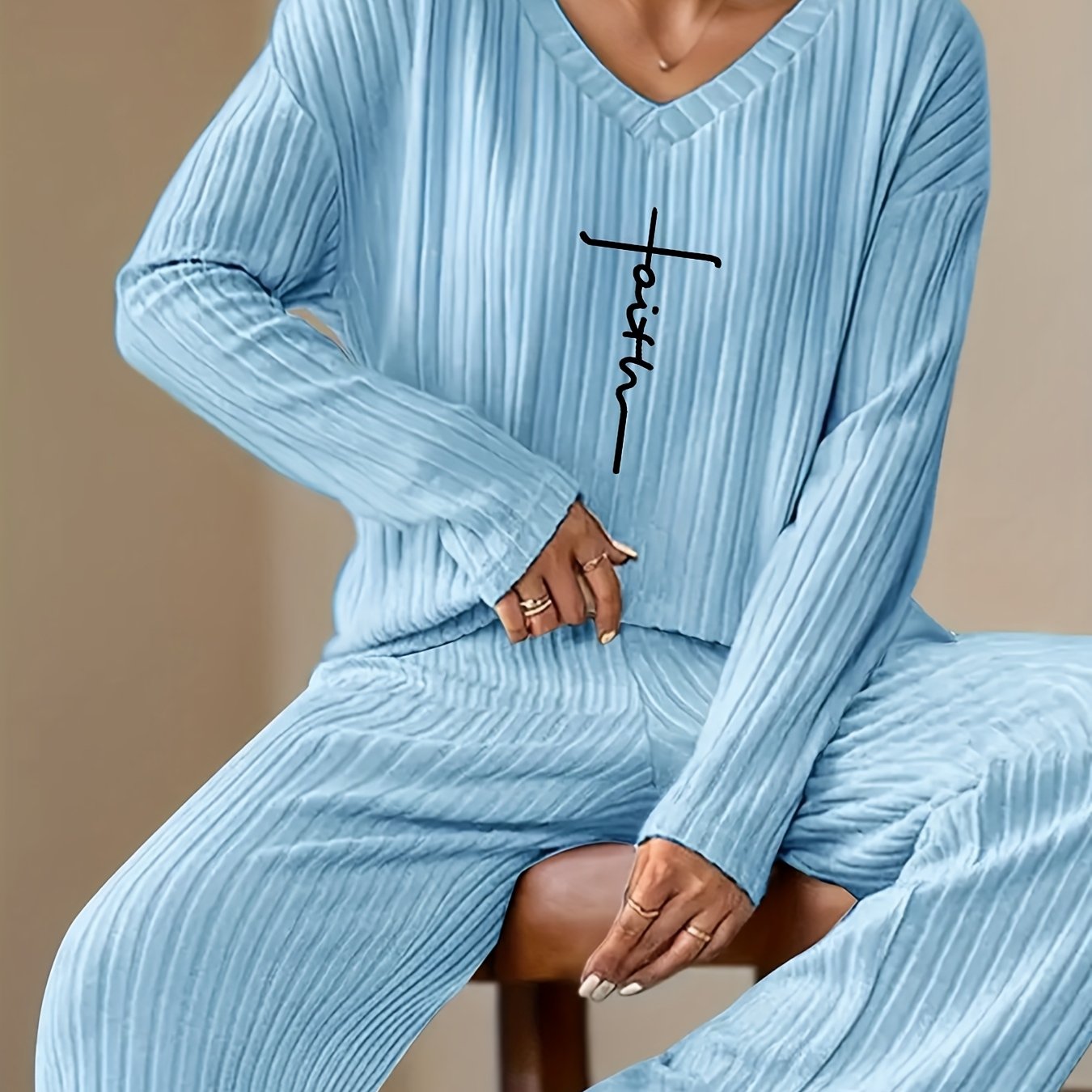 Image of Letter Print V-neck Ribbed Set, Elegant Loose-fit Long Sleeve 2pcs Set With Fashionable Casual Straight-leg Pants