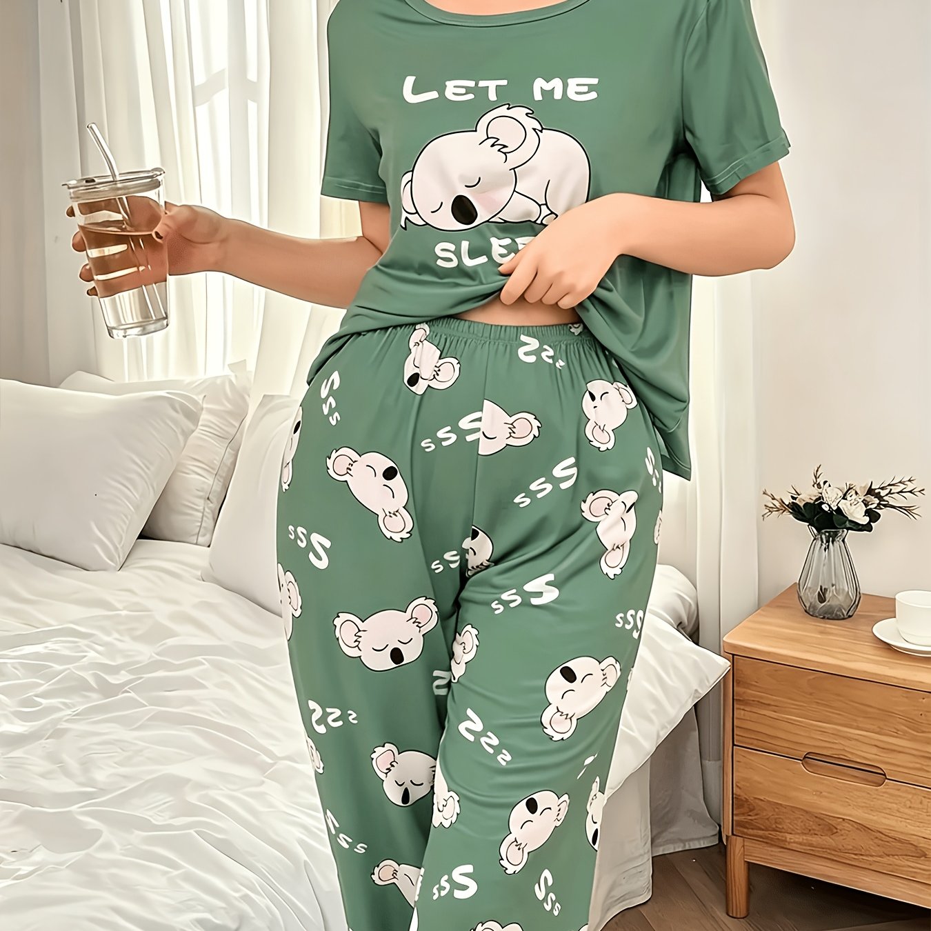 TEMU 2pcs Sleepwear Set Cartoon Pattern Koala Printed Short Sleeve Top And Pants Cute Pajama Set