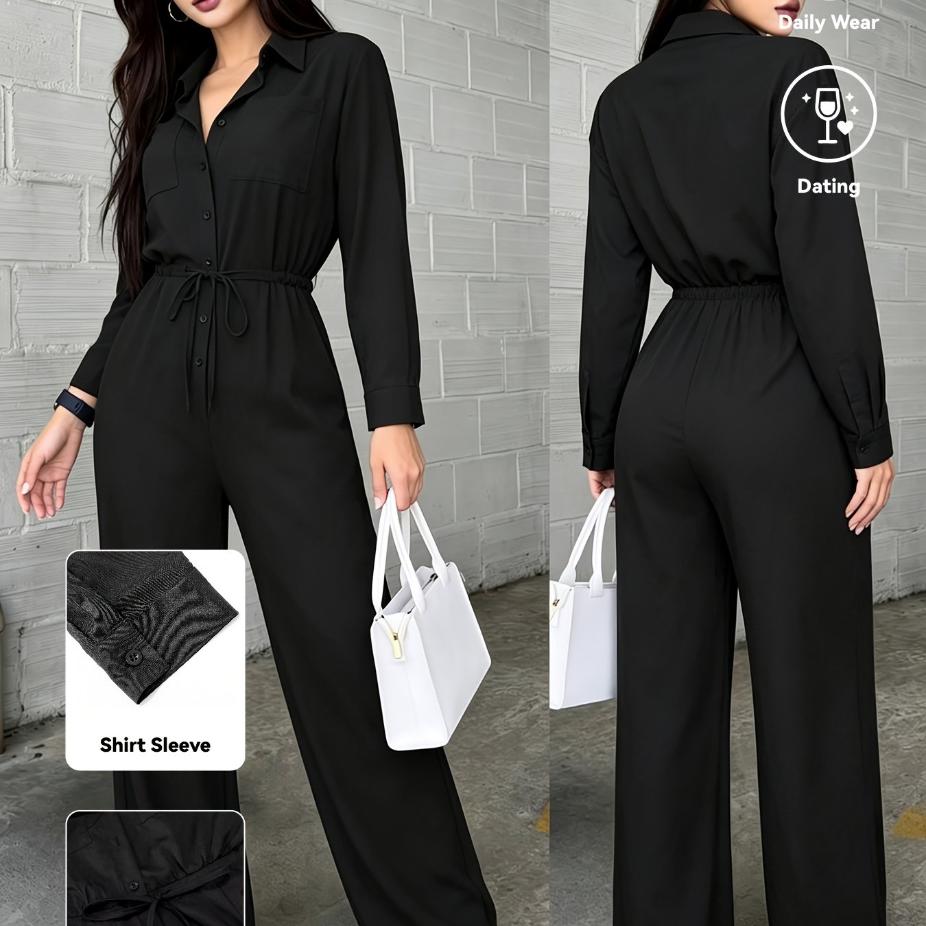 TEMU [ Suining Bk260708047] Single Piece Early Autumn Mature Style! Black Shirt-style Jumpsuit With Wide-leg Trousers, Classic Lapel And Long Sleeve